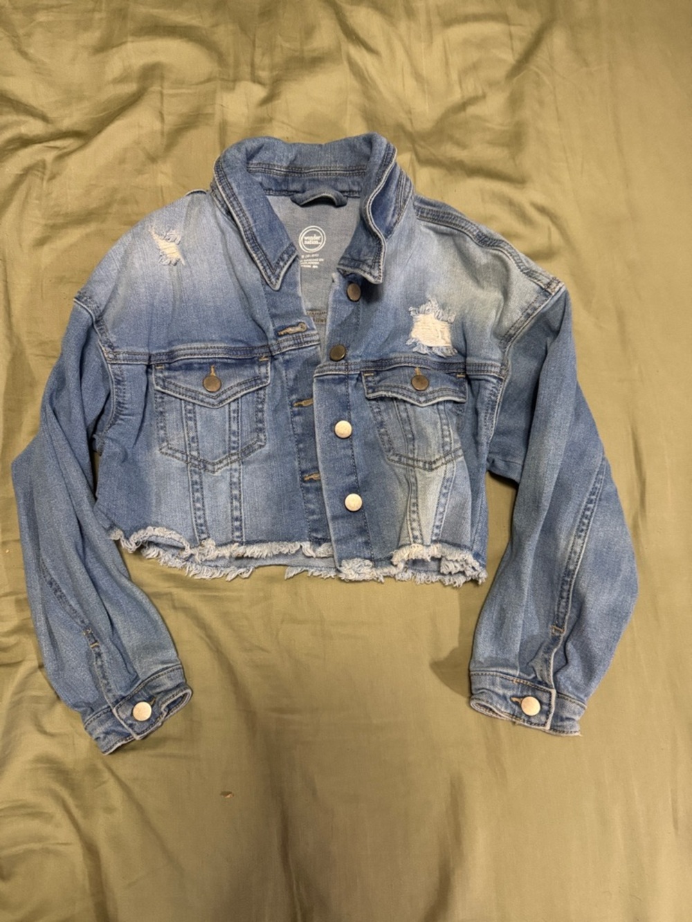 wonder nation Hand Painted Mew light blue distressed cropped denim jacket